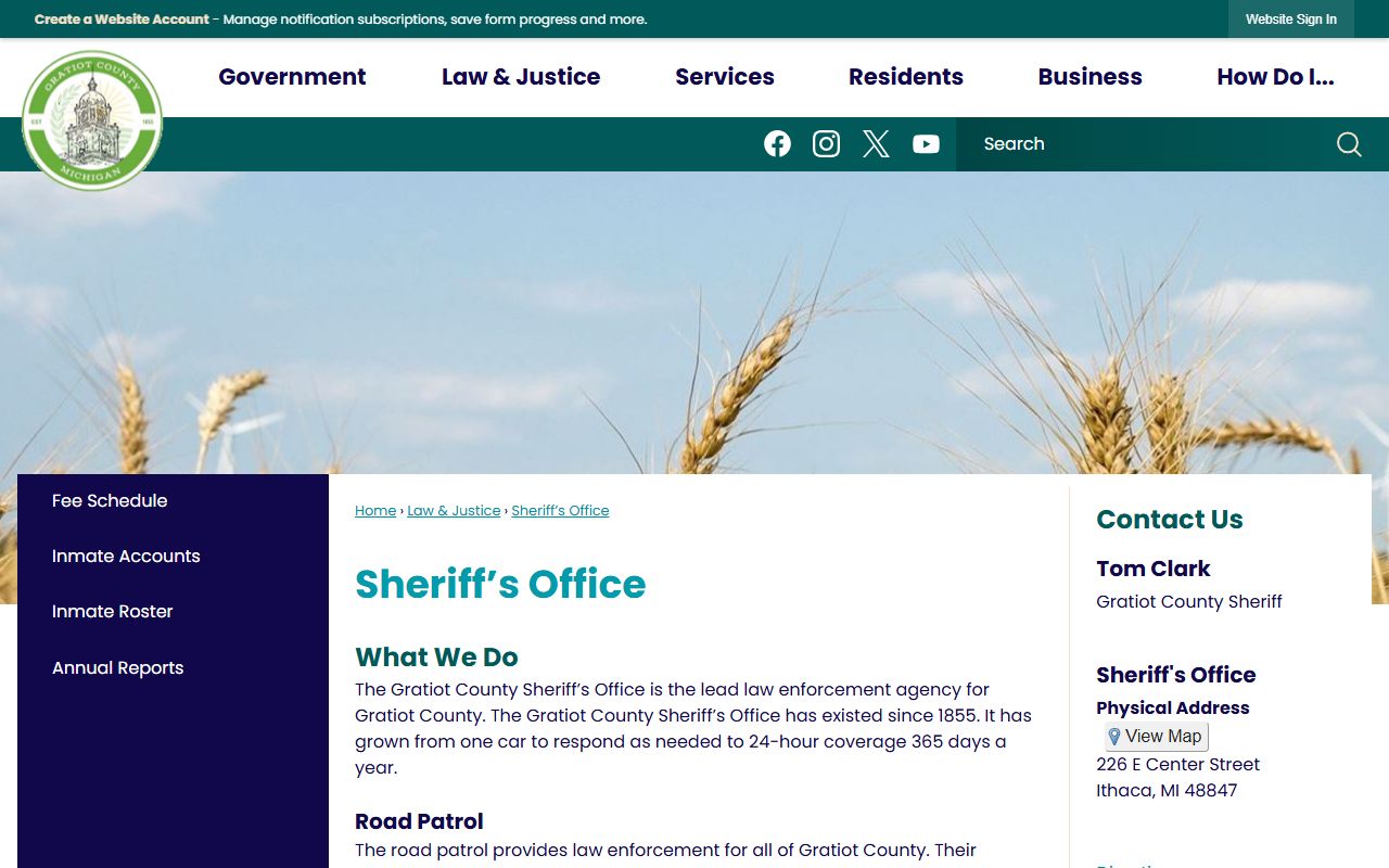 Gratiot County Jail inmate records on the Sheriff's Office page