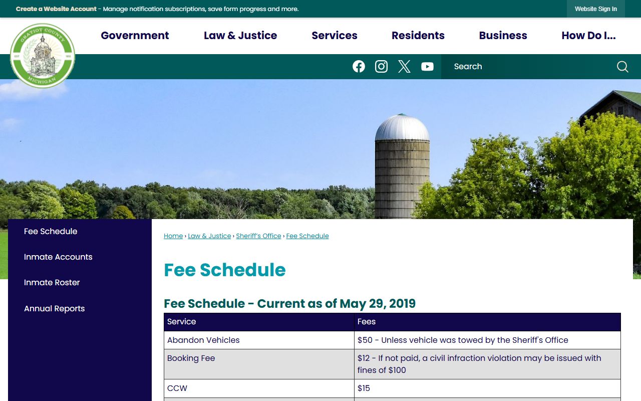 Gratiot County Jail fee schedule for booking housing records and warrant fees
