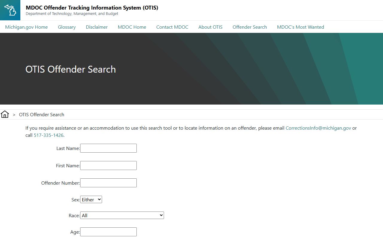 Central Michigan Correctional Facility inmate lookup through MDOC OTIS search fields