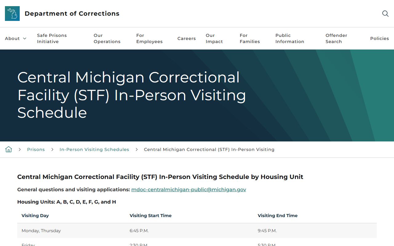 Central Michigan Correctional Facility inmate visiting schedule by housing unit