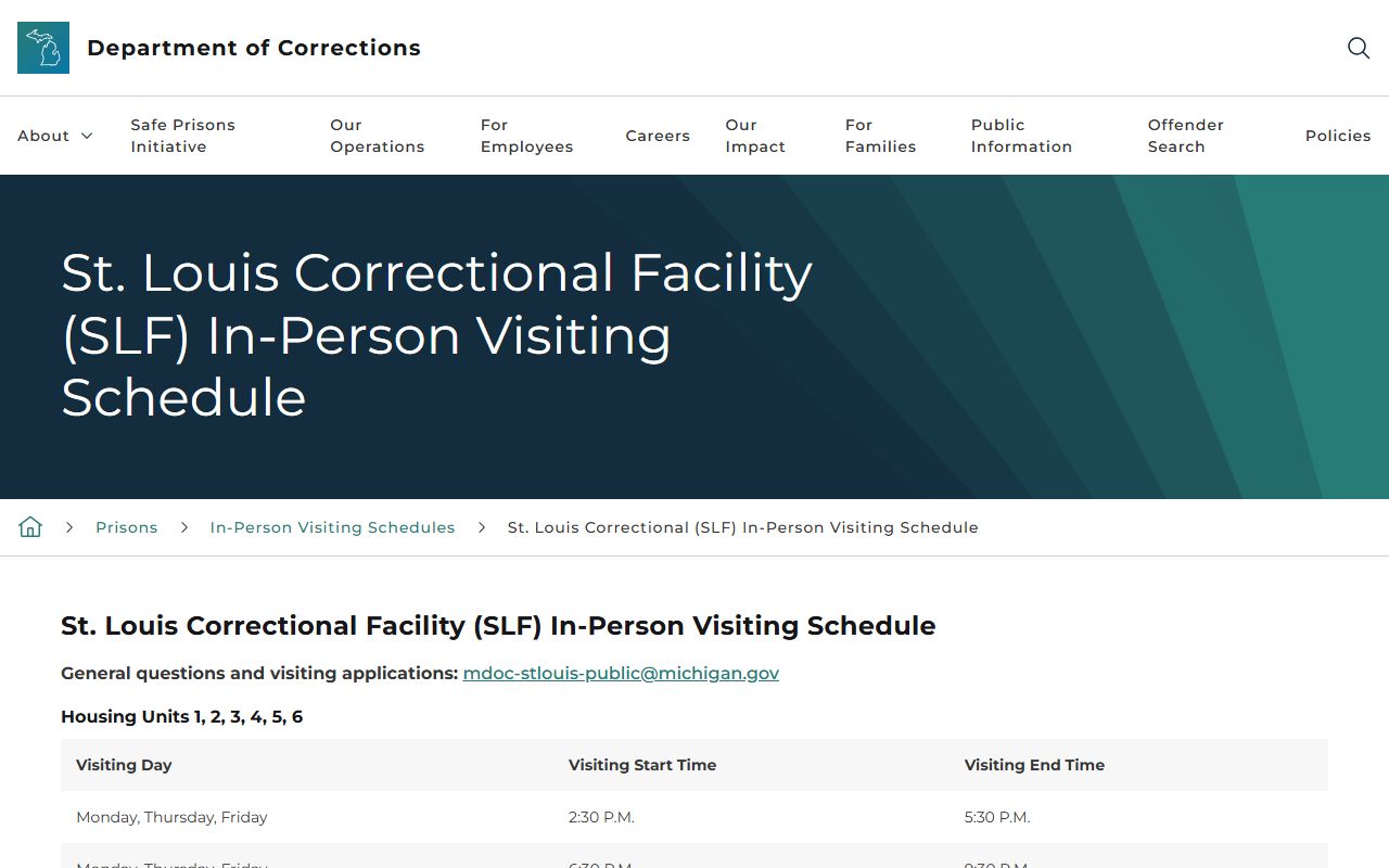 St. Louis Correctional Facility inmate visiting schedule by housing unit