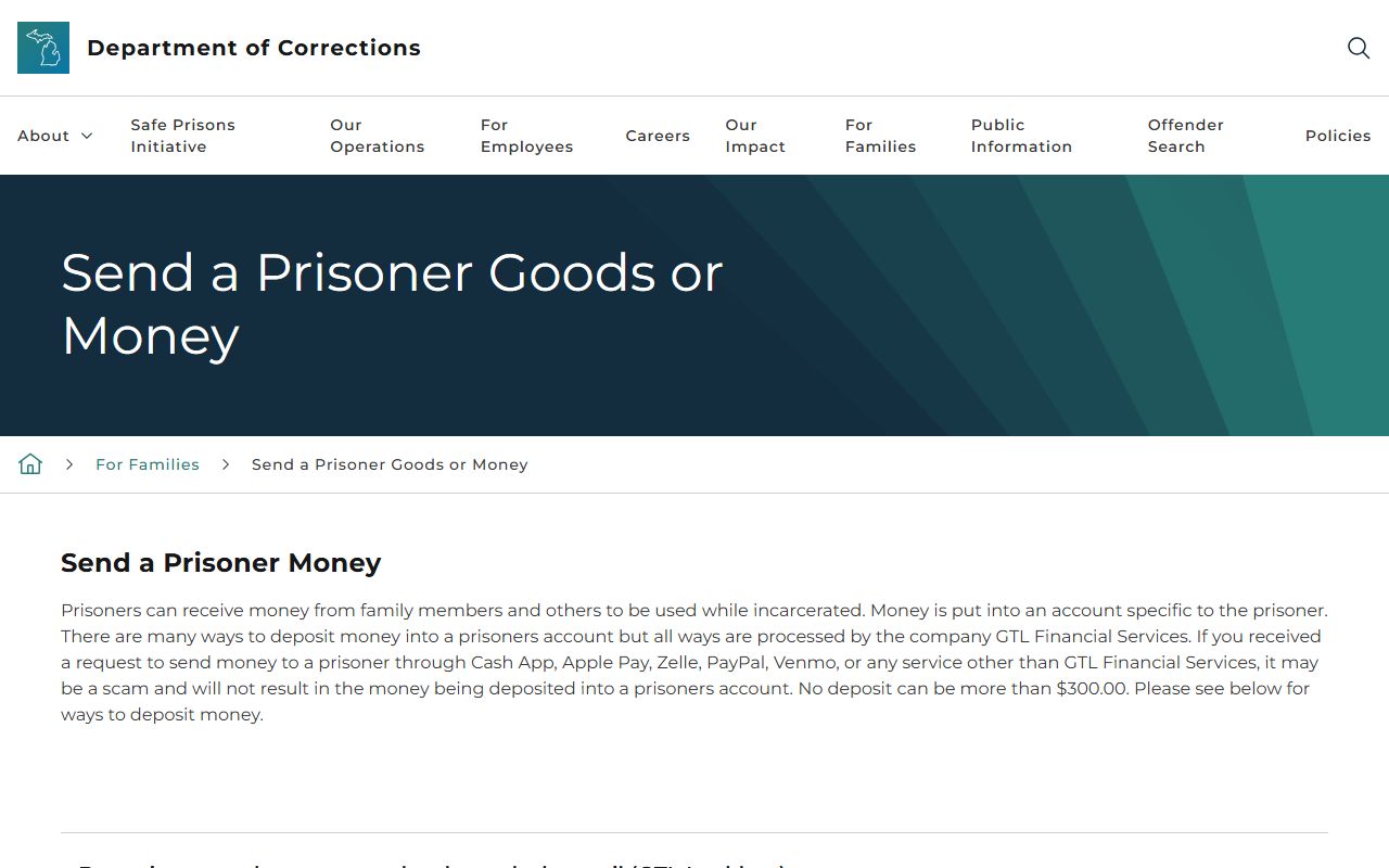 Central Michigan Correctional Facility inmate money deposits and package rules
